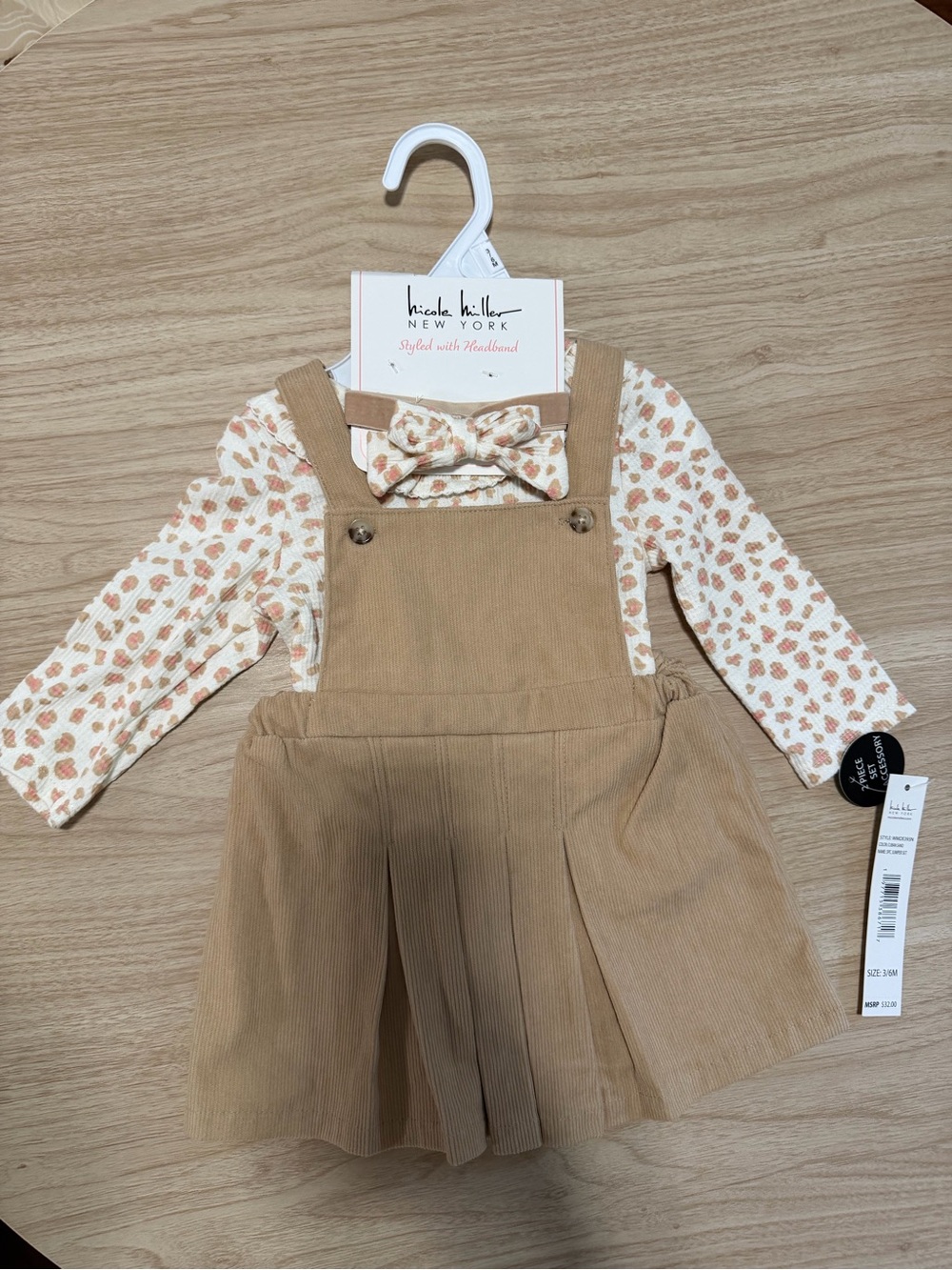 Nicole Miller Girls Cream & Tan Corduroy Pinafore with Bow Headband